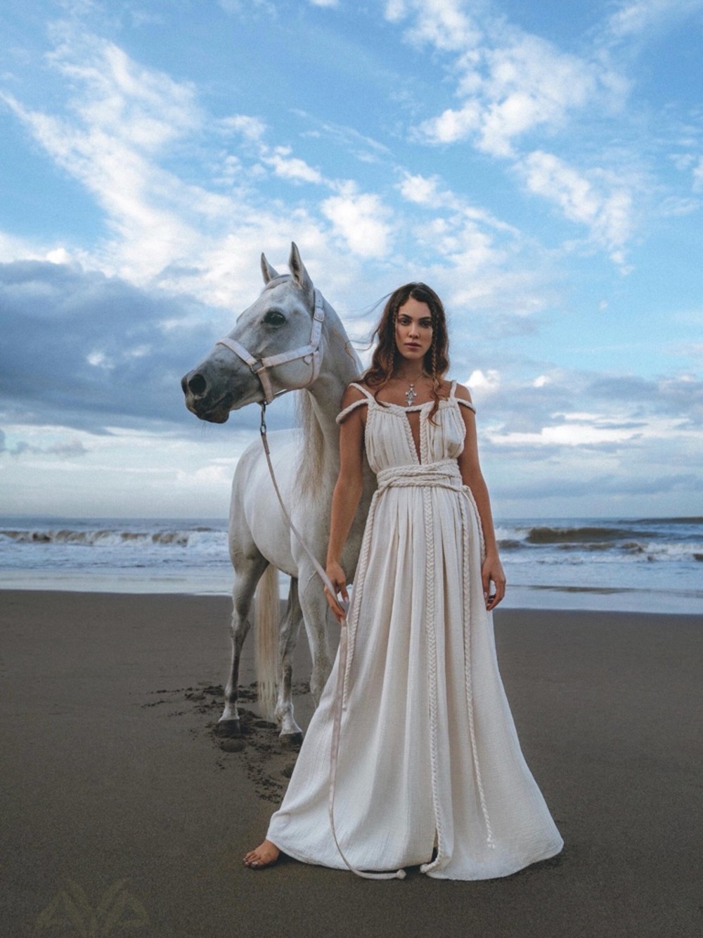 Bohemian Ivory Maxi Dress with Braided Rope Waist